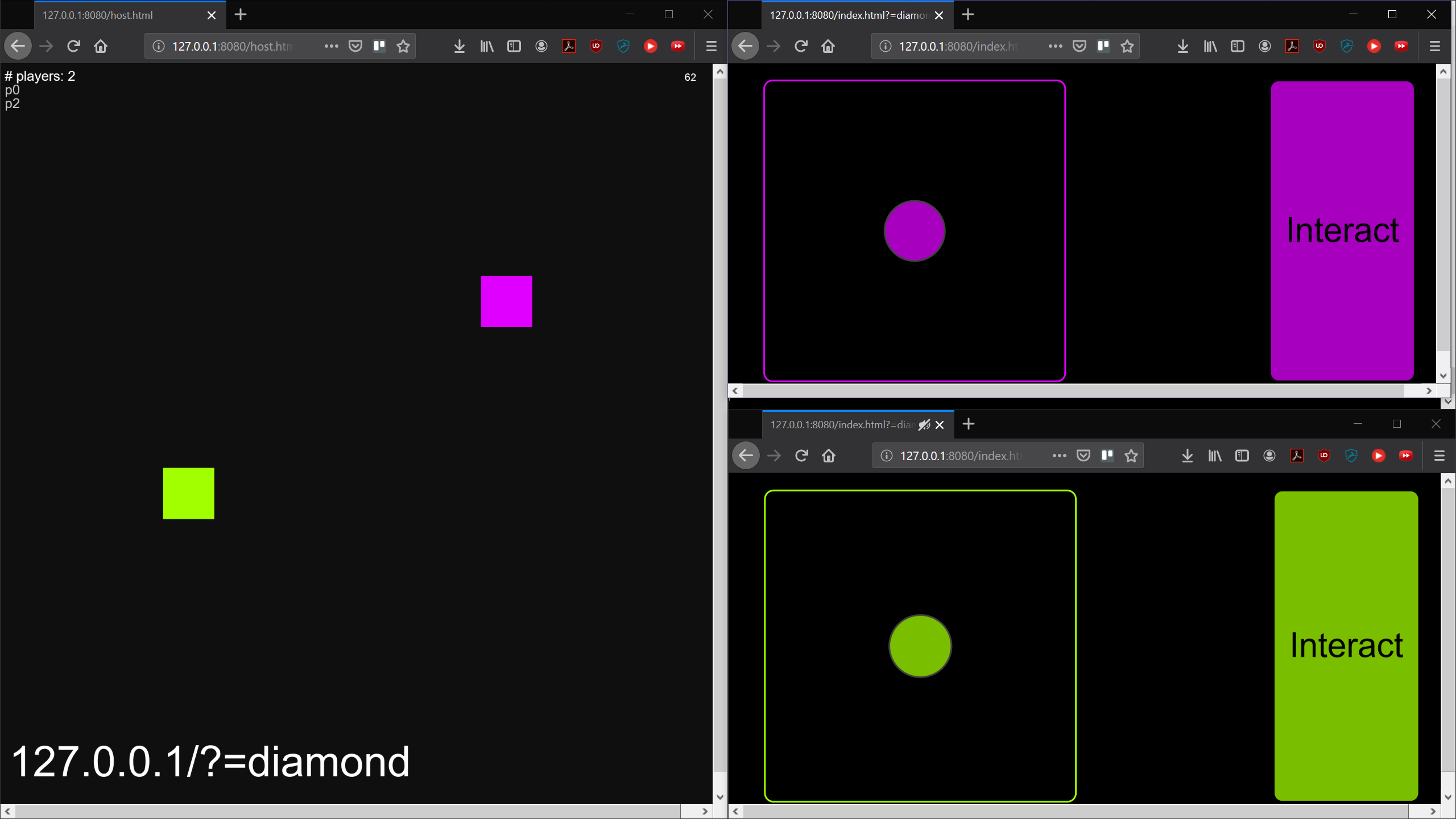 An example image of the base project in action. It shows a host window on the left side of a screen populated by two colored squares, each matching client controller windows on the right side of the screen.